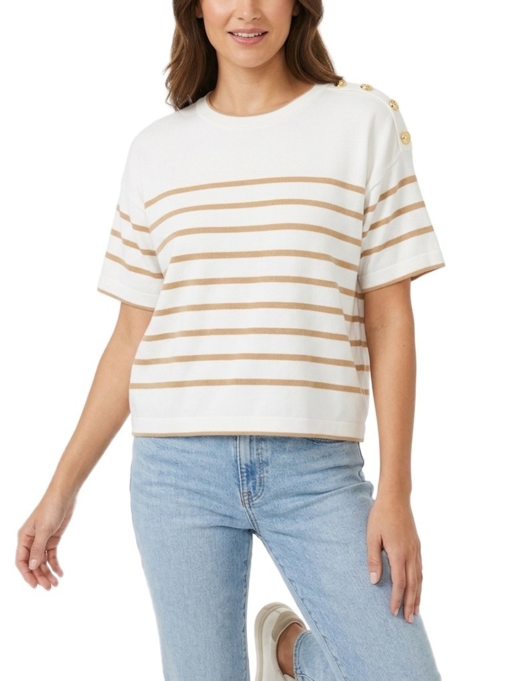 CeCe Short Sleeve Striped Knit Top with Gold Shoulder Buttons